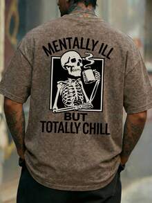 Krometka Men's Casual Versatile Minimalist Street Skull & English Slogan Print Short Sleeve T-Shirt - Brown - View 2