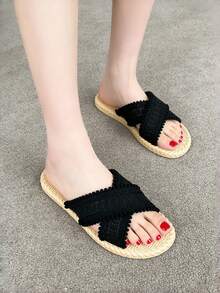 Women's Black Sandals, Women's Flat Plastic Sandals, New Summer Criss-Cross Sandals, Fashion Versatile, Women's Sandals, Slippers, Soft Open Toe Flat Sandals, Women's Flat Sandals, Black Sandals, Women's Slippers, Lightweight Soft-Sole, Holiday Sandals, Casual Comfortable, Beach Sandals, Elegant Women's Sandals - Black - View 1