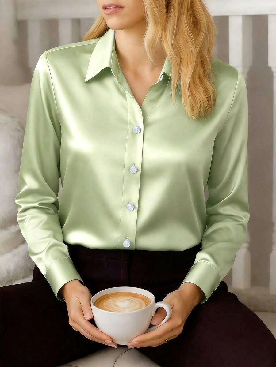 女士新款缎面休闲纽扣衬衫，时尚百搭，四季皆宜 - 油綠色 - 查看 1