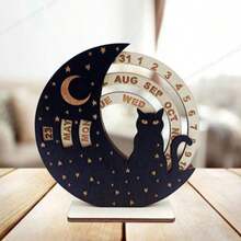 Rustic Wooden Moon Wolf & Cat Calendar, Countryside Style With Pine Tree & Star Design, No Power Needed, Great For Home Decor And Holiday Celebration, Wolf Decor - Multicolor - View 7