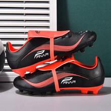 MINGBIN 1 par de zapatos de fútbol unisex, zapatos de entrenamiento y partido de césped natural al aire libre de caña baja, tacos de fútbol americano para adolescentes, zapatos deportivos profesionales con cordones delanteros de PU, tacos largos AG/FG - Negro y rojo - Ver 4
