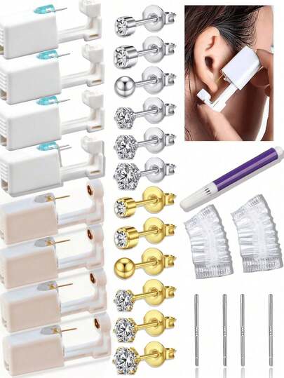 17pcs/Set Disposable Sterile Ear Piercing Kit, Includes 4 Ear Piercing Guns, 4 Ear Cleaning Swabs, 8 Disposable Waterproof Ear Protection Covers, And 1 Marking Pen, Suitable For Personal Or Professional Ear Piercing