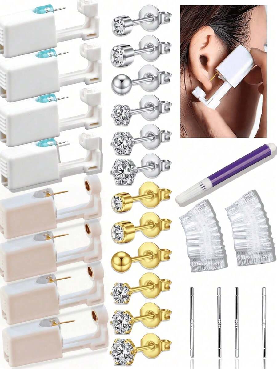 17 pièces/set Kit de perçage d'oreilles jetable et stérile, comprenant 4 pistolets de perçage d'oreilles, 4 tampons de nettoyage d'oreilles, 8 couvercles de protection d'oreilles jetables et imperméables, et 1 stylo de marquage. Convient pour le perçage d'oreilles personnel ou professionnel - Multicolore - Voir 1
