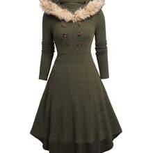 Women's Winter Hooded Dress - Adjustable Waist Design, High-Elasticity Fit-And-Flare Maxi Gown - xanh quân đội - Xem 3