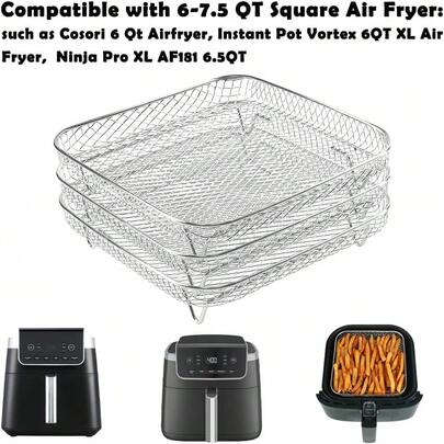 8 Inch Round Square Air Fryer Racks 3 Layers Stackable Dehydrator Rack, 304 Stainless Steel Bacon Air Fryer Accessories For , Oven, Double Drawer Basket Grill Rack, Foodi Grill