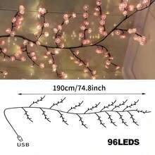 96 lampek LED z motywem winorośli wiśniowej, giętkie lampki z motywem winorośli Sakura, lampki LED na gałęziach, 8 trybów migania, zasilanie przez USB, oświetlenie dekoracyjne do wnętrz, odpowiednie do sypialni, salonu, na ścianę, na imprezę i festiwal - 1 - Zobacz 10