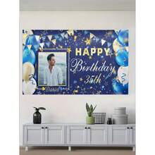 1pc Personalized Couples, Family, Friends Birthday Celebration Wall Tapestry, Men's Style With Photo, Blue, Gold, White Balloons, Ribbons And Text Decorations, Birthday Party/Living Room/Bedroom/Office Home Decor, Wall Hanging, Custom Tapestry, Custom Flags, Room Decor, Tapestry, Breathable,Lightweight,Washable,Cute,Love,Cozy,Soft,Comfortable,Simple,Custom,Personalized,Unique,Him,Her,Boyfriend,Girlfriend,Dad,Mom,Family,Friends - 彩色 - 查看 4