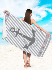 1条时尚简约灰色条纹沙滩巾，印有锚和海洋元素图案，超柔软速干超细纤维材质，适合旅行、露营、游泳池、瑜伽、健身、淋浴，是海滩游泳必备品，也是海滩度假的必备礼物（单面印花，多种颜色可选）。 - 灰色條紋 - 查看 5