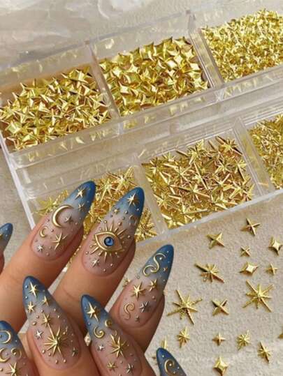 6 Grids 3D Alloy Star Nail Art Charms Starlight Metal Silver Gold Jewelry Nail Charms Art Decoration Y2K Manicure DIY Accessories Nail Supplies Nail Gems Nails