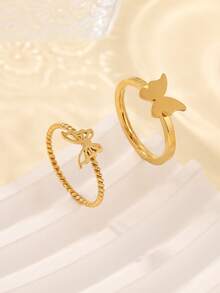 2pcs Stainless Steel Minimalist Golden Butterfly Rings Set, Suitable For Women's Daily Wear Or Gift - Yellow Gold - View 2