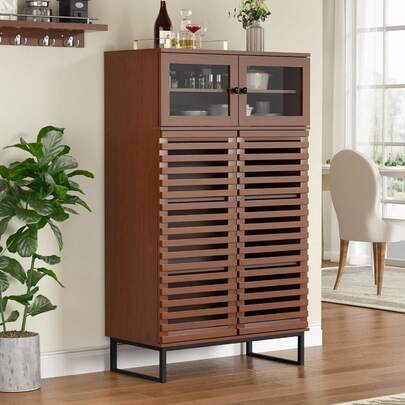 51 Inch Tall Buffet Cabinet In Walnut With Grille Doors And Storage Shelves