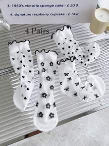 4 Pairs Girls' Mid-Calf Socks With Heart, Bow, Polka Dot, Flower Patterns, Straight Tube Design With Black & White Ruffle Trim, Spring/Summer - Multicolor - View 4