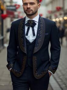 3 Piece Men's Suits, Rhinestone Embellished Shawl Collar Tuxedo, Slim Fit Formal Blazer With Vest And Pants, For Wedding Party Prom Groomsmen - 藏蓝色 - 查看 1