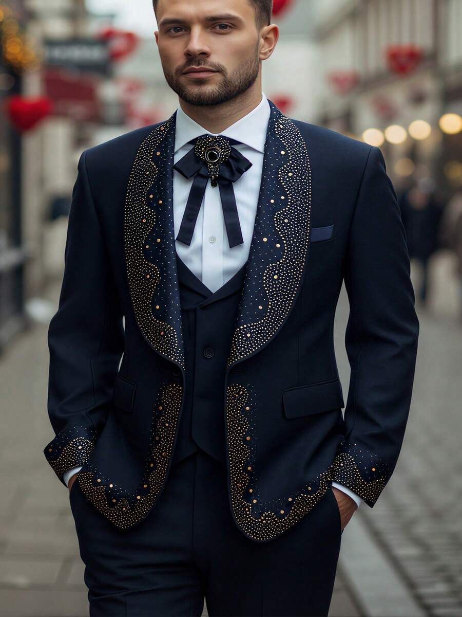 3 Piece Men's Suits, Rhinestone Embellished Shawl Collar Tuxedo, Slim Fit Formal Blazer With Vest And Pants, For Wedding Party Prom Groomsmen - 藏蓝色 - 查看 1