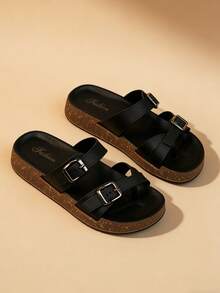 A Pair Of 2026 New Women's Casual Buckle Slippers, Thick Soled Toe Clip On Sandals, Comfortable Beach Women's Shoes - Black - View 6