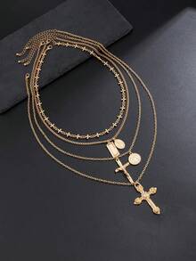 4件套嘻哈风格金属圣母玛利亚十字架吊坠长项链，奢华水钻镶嵌圆形吊坠项链配饰，男士 - 金色 - 查看 3