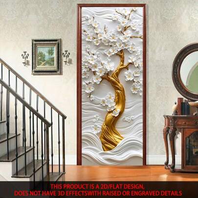1/2pcs 2D Flat Door Sticker Depicts A Golden Tree Adorned With White Flowers, Showcasing An Elegant 3D Tree Design That Is Perfect For Use In Bedrooms, Living Rooms, And Offices.