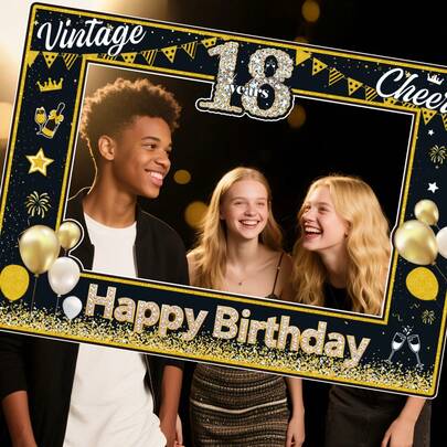 1件套18岁生日派对照片背景框 - 70*50厘米，黑金数字18设计，饰以气球和丝带，派对背景墙，适合男女18岁生日派对、甜蜜18岁过渡庆祝活动、数字主题拍照道具、新年派对相框