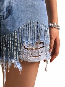 Summer Womens Rhinestones Fringe Shorts Baggy Jorts Mid-Low Rise Ripped Denim Diamond Trim Hot Short - 藍色 - 查看 4