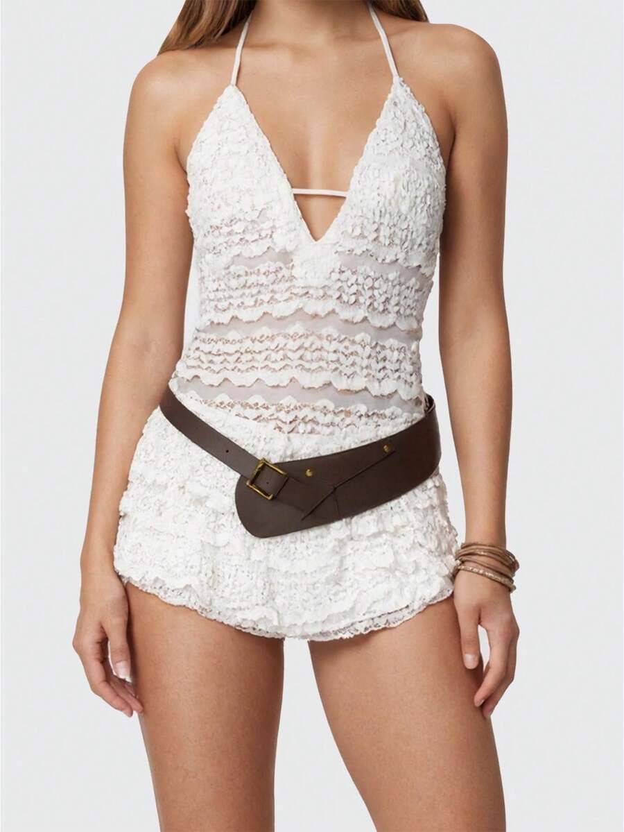 Women Lace Halter Neck Jumpsuit Slim Sleeveless Open Back Layered Ruffled Shorts Romper - White - View 1
