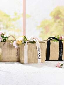Personalized Retro Woven Tote Bag, Multifunctional Shoulder Woven Bag For Commuting. Waterproof Shopping Bag, Storage Bag And Travel Bag, Made Of Linen Material. Customizable Name Tote Bag Gift, Suitable For Weddings, Birthdays, Beaches And Holidays, Perfect For Bridesmaids, Students And Beach Outings! - Multicolor - View 3