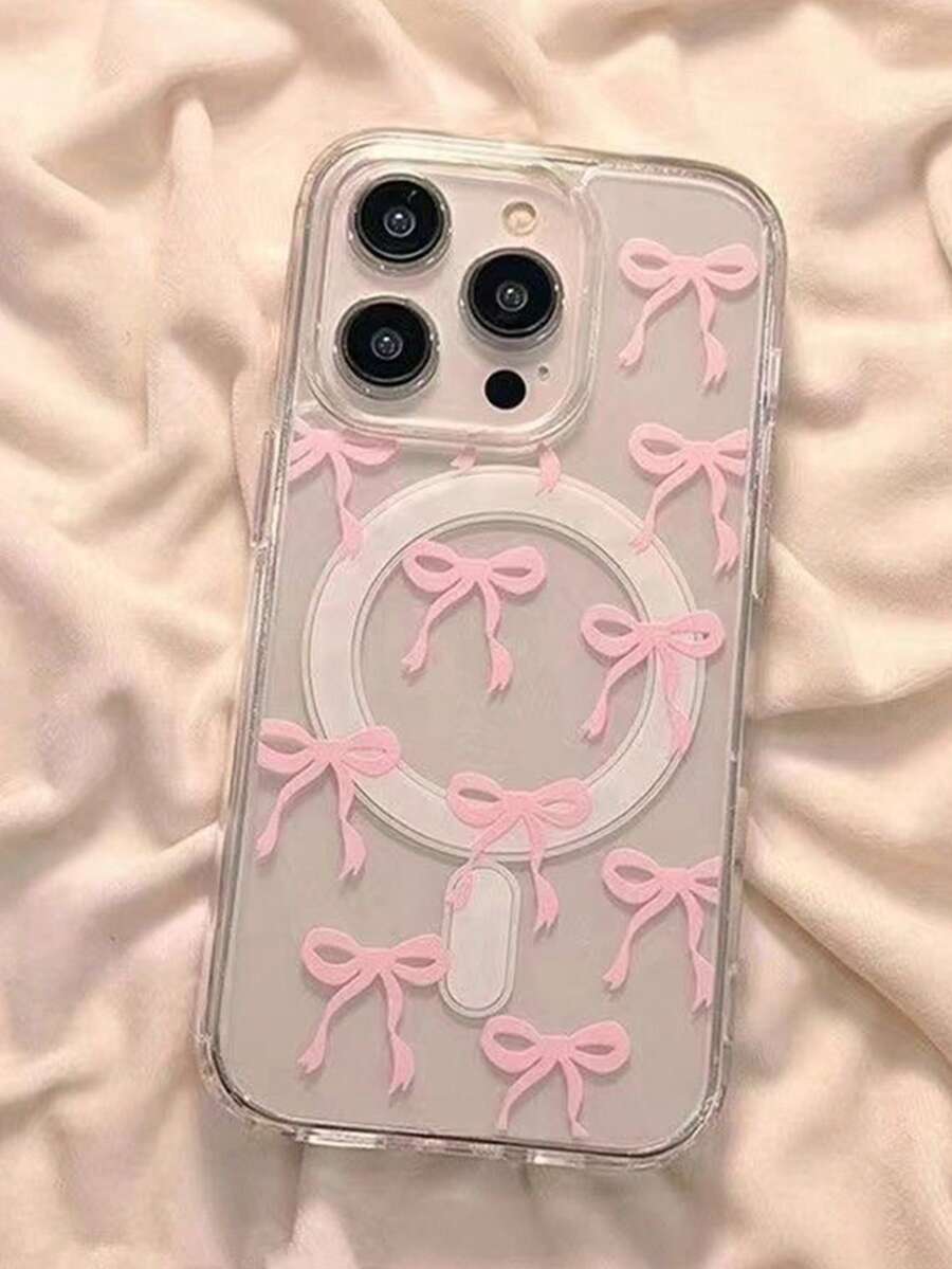 1pc Transparent Magnetic Phone Case With Pink Bow Design, Couples/Valentine's Day Phone Case, Fits For IPhone 17 Pro Max/16 Pro Max/15 Pro Max/13/15/16/17 Pro/14/11, Fashionable Transparent Pink Bow Magnetic Phone Protective Cover - Clear - View 1