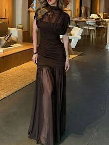 Đầm maxi lưới xuyên thấu màu nâu dành cho nữ | Đầm ôm sát xếp ly dự tiệc mùa hè thanh lịch - Cà phê nâu - Xem 6