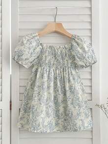 Girls' Floral Bubble Sleeve Princess Dress, New Summer Collection - Blue - View 3