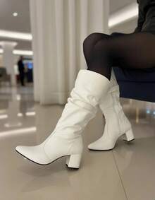 Women's Ruched Boot, Winter Fashion, Lirom Style, With Chunky Square Heel And Comfortable Toe. - White - View 7