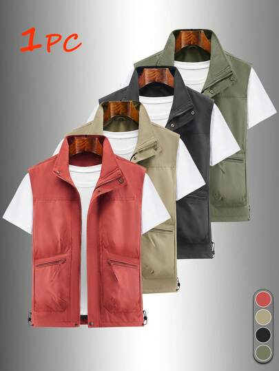 1 pieza Chaleco casual y funcional para hombre, para primavera/verano, con textura detallada, adecuado para parque, pesca y uso al aire libre