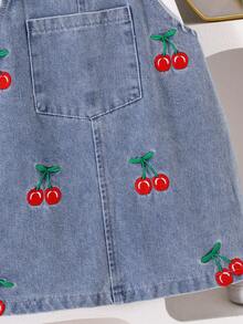 2pcs Baby Girls Cute Casual Short Sleeve Top + Cherry Pattern Suspender Dress Set, Lightweight Spring/Summer Vacation Outfit - Blue and White - View 7