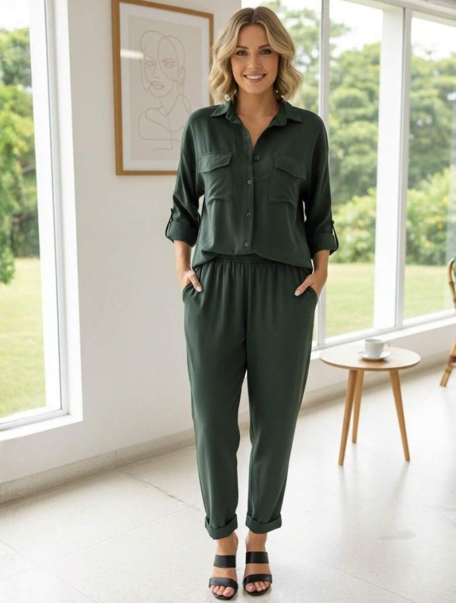 Women's Set: Pants And Shirt With Elastic Waistband, Comfortable, Casual, And Stylish For Everyday Wear. - Màu xanh lá cây đậm - Xem 1