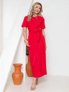 Novo Vestido Longo de Verão com Manga Curta e Cinto Central 2026 - Vermelho - Visão 2