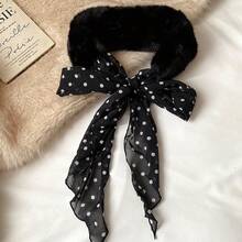 1pc Black Polka Dot Scarf With Fur Collar And Ribbons, Niche High-End American Style Warm Neck Wrap - Polka Dots - View 2