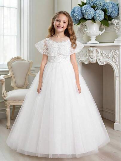 Tween Girls Round Neck Faux Sequins Embroidered Lace Sequin Mesh Elegant Wedding Flower Girl Bridesmaid Dress, Suitable For Birthday Party, Prom, Evening Gala, Does Not Include Headband