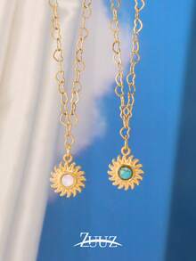 1pc Bohemian Style Stainless Steel Natural Stone Sun Charm Necklace For Women Heart Chain Necklace Collar Chain Jewelry Gifts - Yellow Gold - View 1