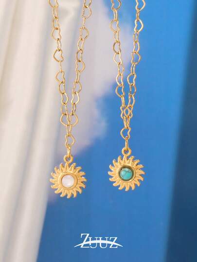 1 pieza Collar de cadena con colgante de sol de piedra natural de acero inoxidable con estilo bohemio para mujer, collar de cadena en forma de corazón, joyería de regalo