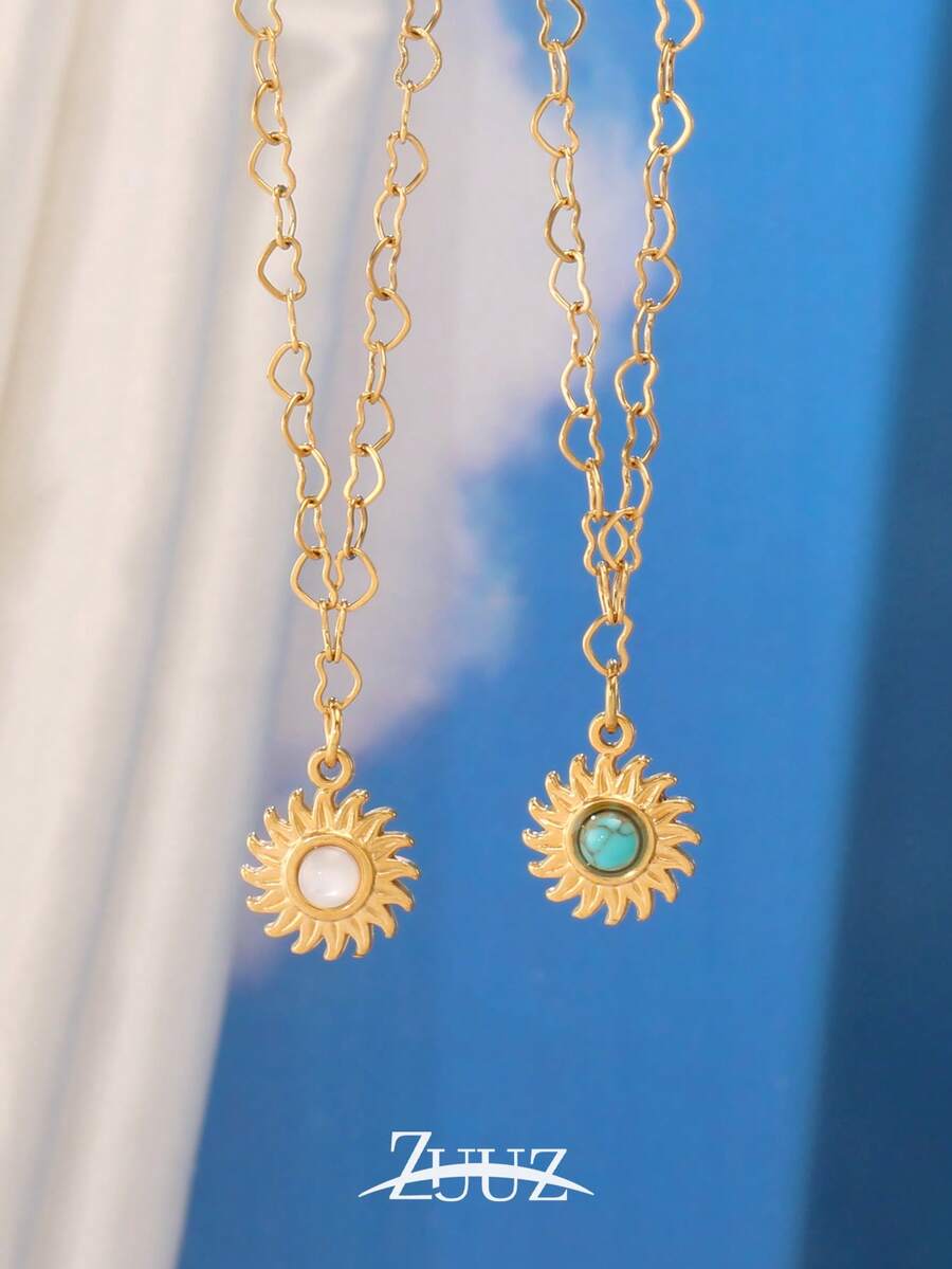 1pc Bohemian Style Stainless Steel Natural Stone Sun Charm Necklace For Women Heart Chain Necklace Collar Chain Jewelry Gifts - Yellow Gold - View 1