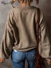 European & American Style Elegant Plus Size Women Pearl Embellished Knit Crew Neck Sweater, Autumn/Winter - Khaki - View 3