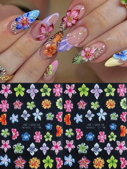 5D Embossed Hibiscus Flower Nail Art Stickers Red Blue Green Pink Flowers Hawaiian Flower Nail Pattern Design Cute Y2K Nail Art Decoration Self-Adhesive Nail Decals DIY Nail Salon Accessories Nail Supplies