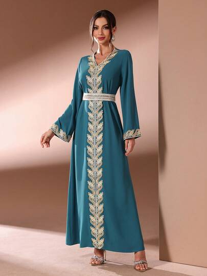 Chiffon V-Neck Long Sleeve Inlaid Lace Belt Ultra Long Women's Arabian Dress Spring