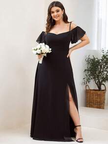 EVERPRETTY 優雅浪漫大尺碼女款露肩伴娘禮服 婚禮派對黑色 - 黑色 - 查看 5