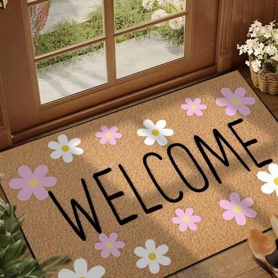 1pc Floral "Welcome" Pattern Doormat, Farmhouse Style Washable Polyester Fiber Mat, Suitable For Living Room, Kitchen, Bedroom, Entryway, Home Decor, Room Decor, All Seasons