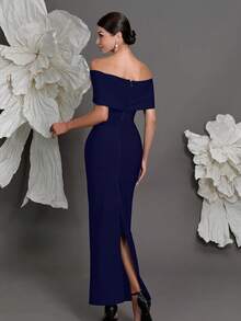 露肩绷带针织紧身连衣裙，奢华欧式风格，修身铅笔裙，适合家庭聚会、派对、宴会、婚礼等春季派对场合。 - 寶藍色 - 查看 2