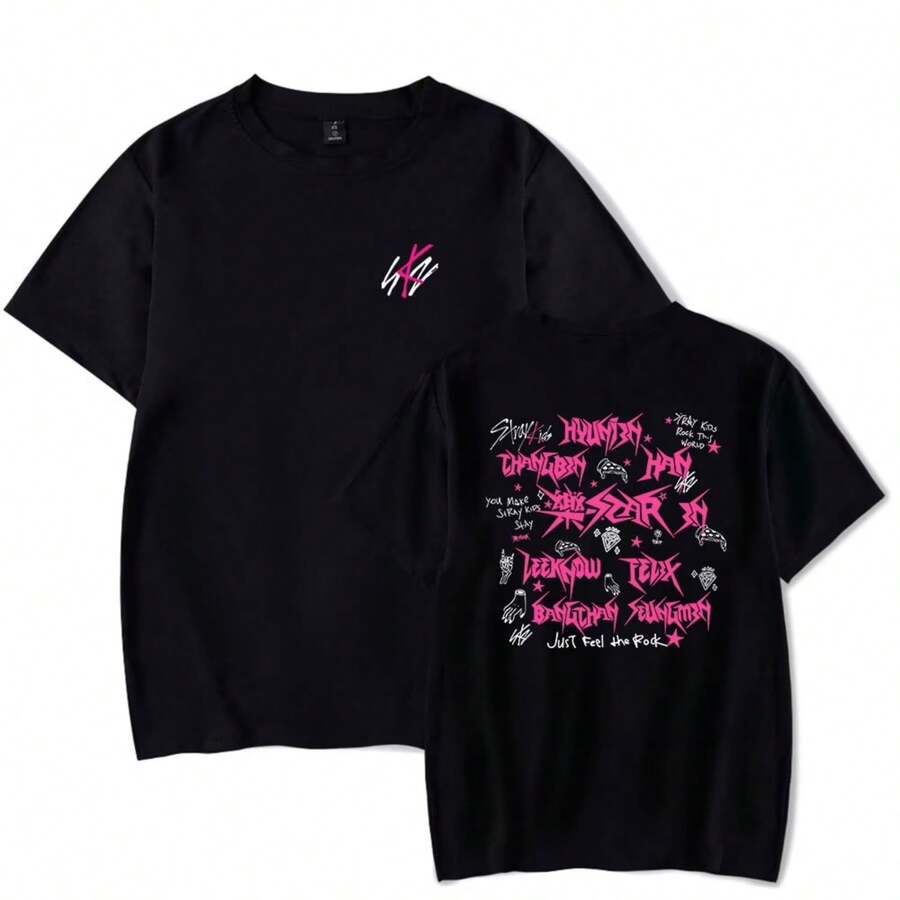 StrayD KidsD Tshirt Rock Star Album Merch Summer For Women Men Kpop Short Sleeve T-Shirt Streetwear Top - 黑色 - 查看 1
