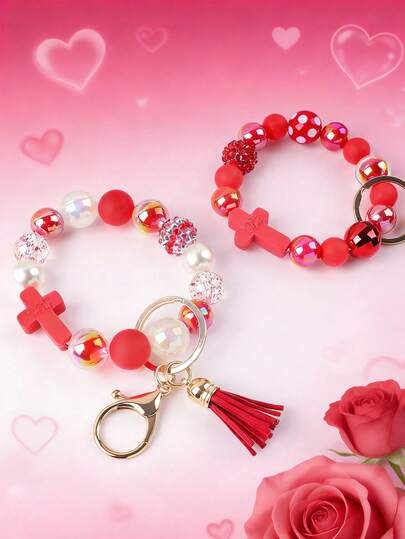 1 pieza Pulsera con cuentas en forma de cruz, colgante con borla roja festiva, pulsera con cuentas rojas y llavero, pulsera con cuentas de perlas y rhinestones, correa de muñeca anti-pérdida, regalo de Año Nuevo
