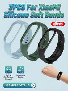 3条装男女通用纯色TPU表带，适用于小米手环3/4/6/5/7/8/9/10，也适用于小米手环7/6/5/4/3，硅胶腕带表带适用于小米手环5/6/7 - 彩色 - 查看 4