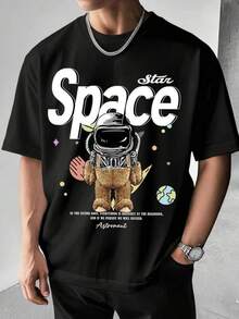 Mens Tshirts Shirts Manfinity Homme Men's Black T-Shirt With Astronaut Bear Print Graphic T Shirts For Men Men T Shirts Graphic Men Graphic T Shirts T Shirt For Men Men's Pure Cotton T-Shirt Effortless Styling, Showcase Your Unique Style Men's Fashion Print Casual T-Shirt Casual Summer T-Shirt, Comfortable Outdoor Casual Wear - Black - View 8