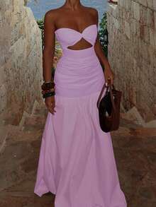 性感休闲无肩带镂空A字度假连衣裙，春夏优雅 - 紫色 - 查看 4