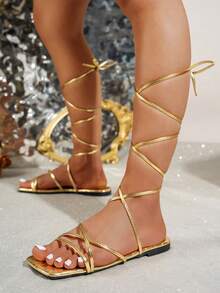 女士平底凉鞋，露趾休闲绑带性感拖鞋，春夏穿搭 - 金色 - 查看 7